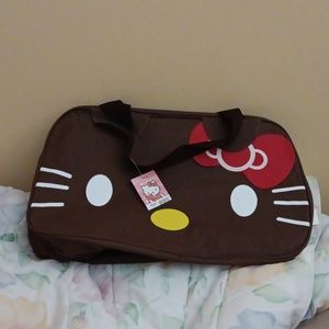 Hello Kitty Brown Travel Duffel Bag with Red Bow and Yellow Nose